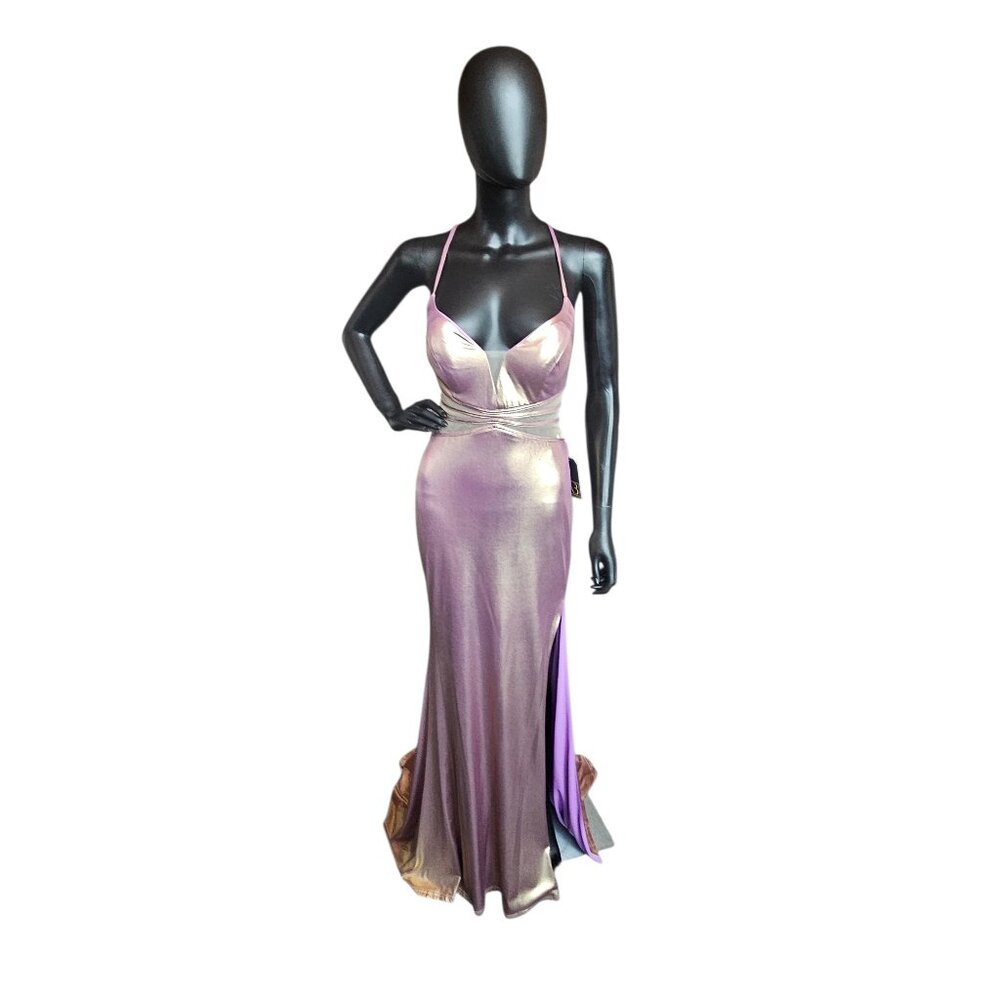 Rose Gold Iridescent Stretch Plunge Prom/Party Dress - Sparkle